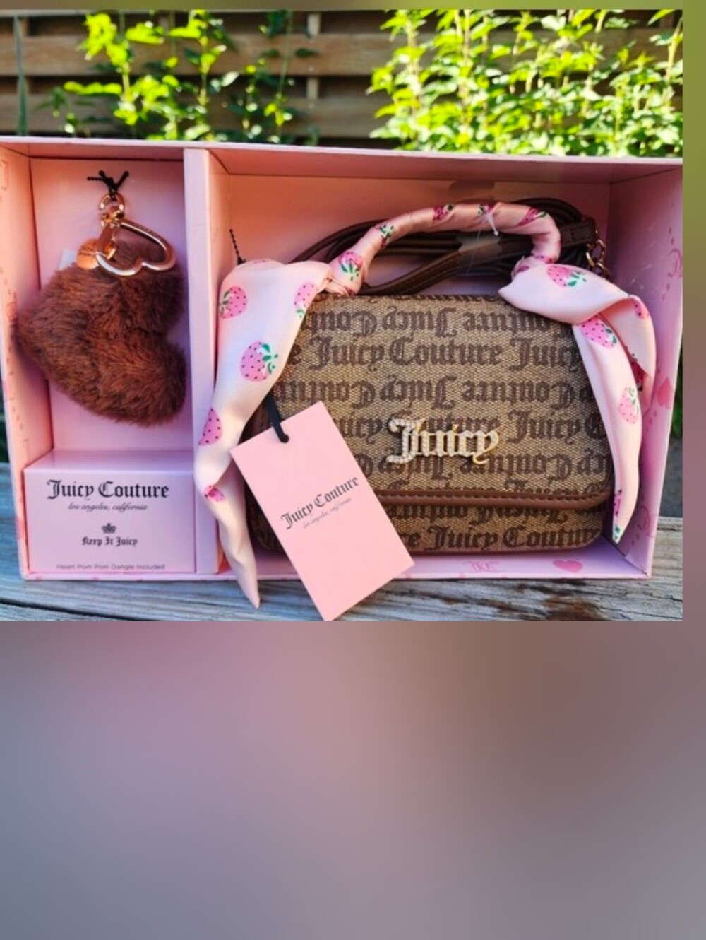 Juicy Couture Brown Logo Crossbody Bag with Pink Scarf Accent